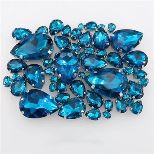 DUBTEDHOU Aufgenähte Strasskrallen, Kristalle in Krallenform 50 Teile/Beutel Silber Krallenfassung Aufnäher Strass 7 Größen Mix Wassertropfenform Glaskristall Applikation(A6 Blue Zircan) von DUBTEDHOU