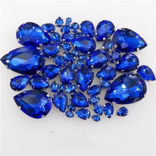 DUBTEDHOU Aufgenähte Strasskrallen, Kristalle in Krallenform 50 Teile/Beutel Silber Krallenfassung Aufnäher Strass 7 Größen Mix Wassertropfenform Glaskristall Applikation(A8 Sapphire) von DUBTEDHOU