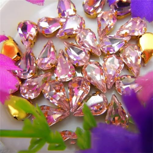 DUBTEDHOU Aufgenähte Strasskrallen, Kristalle in Krallenform Glass Crystal Gold Claw Sew On Rhinestone Fancy Colors Slim Water Drop Pear Shape Rhinestone Beads(6x10mm 50pcs A25 Pink) von DUBTEDHOU