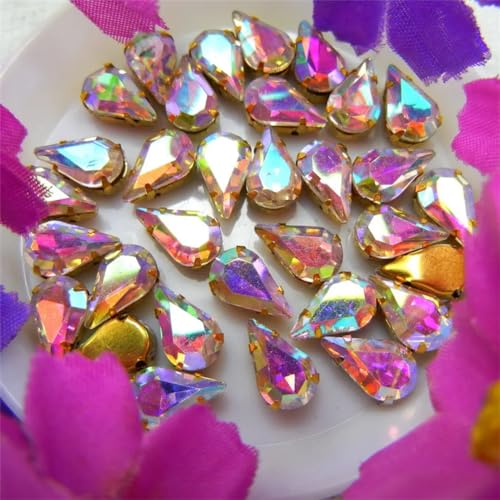 DUBTEDHOU Aufgenähte Strasskrallen, Kristalle in Krallenform Glass Crystal Gold Claw Sew On Rhinestone Fancy Colors Slim Water Drop Pear Shape Rhinestone Beads(8x13mm 50ps A17 Crystal AB) von DUBTEDHOU