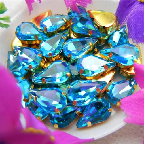 DUBTEDHOU Aufgenähte Strasskrallen, Kristalle in Krallenform Glass Crystal Gold Claw Sew On Rhinestone Fancy Colors Slim Water Drop Pear Shape Rhinestone Beads(8x13mm 50ps A3 Aquamarine) von DUBTEDHOU