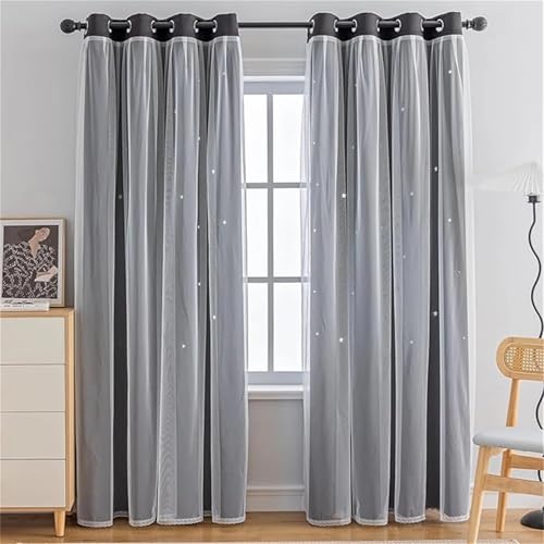 DUBTEDHOU Double Deck Blackout Tüllvorhang, 2PC Star Blackout Vorhänge, Tüll for Fenster mit Doppelschicht, Vorhänge, Dekoration for Hauszimmer(Black,1.32x1.6m) von DUBTEDHOU