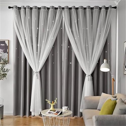 DUBTEDHOU Double Deck Blackout Tüllvorhang, 2PC Star Blackout Vorhänge, Tüll for Fenster mit Doppelschicht, Vorhänge, Dekoration for Hauszimmer(Grey,1.32x1.6m) von DUBTEDHOU