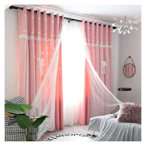 Double Deck Blackout Tüllvorhang, Design bestickte doppellagige Verdunkelungsvorhänge mit Stern-Hohlform und Spitzen-Tüllstoff for Zuhause, Wohnzimmer, Fensterdekoration(Pink,GROMMET TOP-W130 X H180CM von DUBTEDHOU