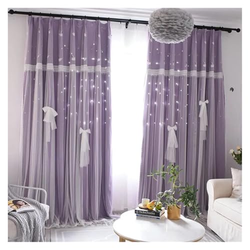 Double Deck Blackout Tüllvorhang, Design bestickte doppellagige Verdunkelungsvorhänge mit Stern-Hohlform und Spitzen-Tüllstoff for Zuhause, Wohnzimmer, Fensterdekoration(Purple,GROMMET TOP-W130 X H150 von DUBTEDHOU