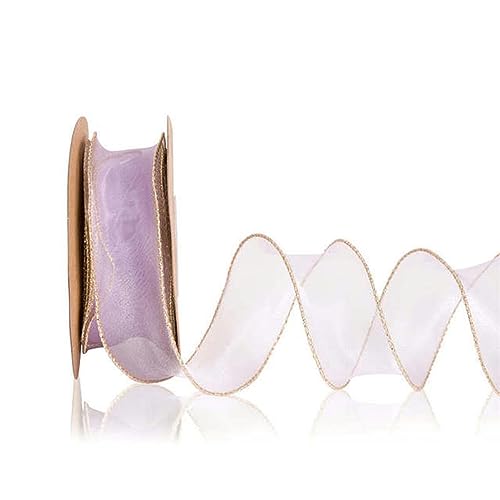 Geschenkverpackung Polyesterband, 4 cm transparente Organzabänder mit Draht und goldenem Rand, Chiffonband for selbstgemachte Geschenkverpackungen, Hochzeitsstrauß, Weihnachtsdekoration(Purple,4cm X 2 von DUBTEDHOU