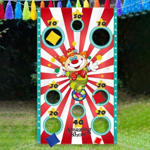 DUGEGAYL Karneval Clown Wurfspiel Banner mit 3 Bohnensäcken - Zirkus Party Deko & Aktivitäten für Kinder und Erwachsene -Indoor/Outdoor Kinderparty Zubehör- Ideal für Feste（140 * 80cm） von DUGEGAYL