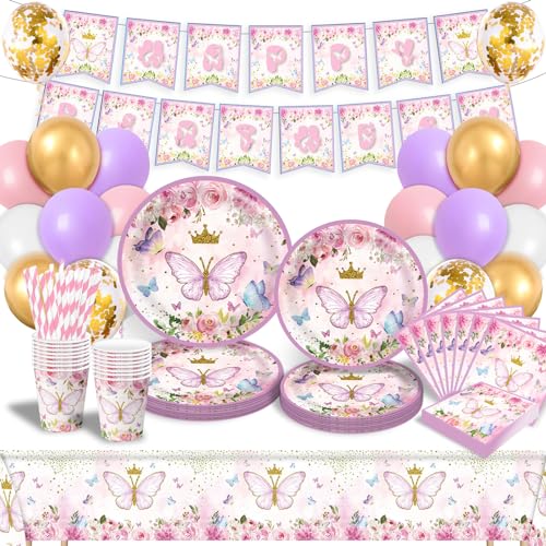 DUGEHO Rosa Schmetterling Geburtstag Party Geschirr Ballon,Pappteller Kindergeburtstag Set einschließlich Tischdecke Teller Becher Servietten für Babydusche Geburtstag Hochzeit Party (16 Gäste) von DUGEHO