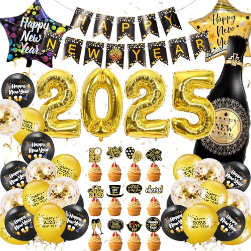 DUGEHO Silvester Deko 2025, Schwarz Gold Party Dekoration, Silvester Dekoration, Happy New Year Dekoration Banner, Folienballons für Silvester Neujahrsfeier von DUGEHO