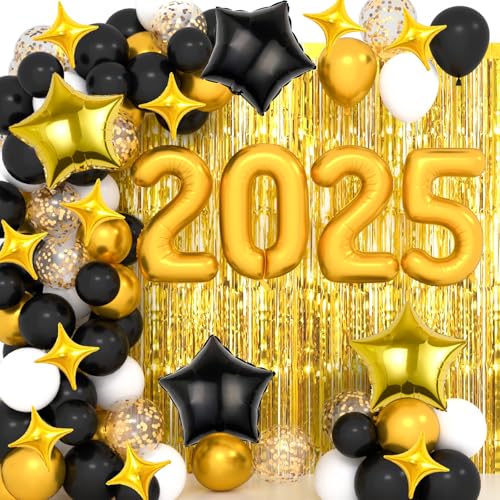 DUGEHO Silvester Deko 2025,85 Stück Schwarzes GoldParty Deko Silvester Neujahr Silvesterdeko, Konfetti Ballons und Folienballons für Silvester Neujahrsfeier von DUGEHO