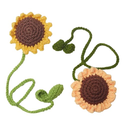 Handgefertigte gestrickte Sonnenblume, Häkelblume, 2 Stück Sonnenblumen-Lesezeichen, handgefertigte gestrickte Lesezeichen aus Wolle, Vorhanghalter, Auto-Ornamente, Blumen von DUJAE