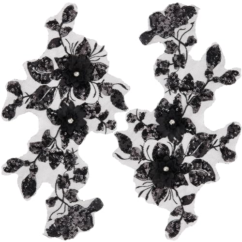 Stickerei-Applikation, 2 Stück, 3D-Blumen, bestickte Spitzenapplikation, for Aufnähen, Besatz, Glitzer-Pailletten(Black) von DUJAE