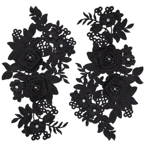 Stickerei-Applikation, 2 Stück, 3D-Blumen-Spitzenapplikationen, Strass-Perlen, bestickt, for Aufnähen/Aufbügeln(Black) von DUJAE