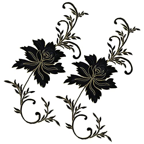 Stickerei-Applikation, 2 Stück, großer bestickter Aufnäher for Aufbügeln, große Pfingstrosen-Blumen, besticktes Kleidungsstück(Black) von DUJAE