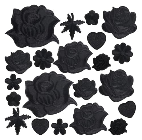 Stickerei-Applikation, 30 Stück, 10 Stile, for Aufbügeln, Blumen-Patches, schwarze Rose, Liebe, Herz, Blatt, Stoff von DUJAE