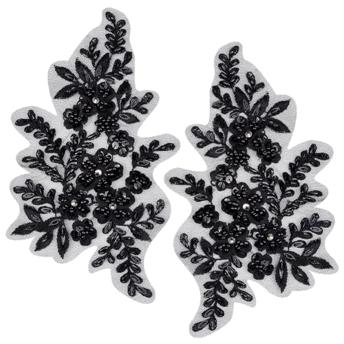 Stickerei-Applikation, 3D-Pailletten, bestickte Spitzenapplikation, Blumen, for Aufnähen, Besatz, Aufnäher, Glitzer(Black) von DUJAE