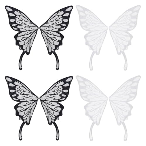 Stickerei-Applikation, 4 Stück, 2 Farben, Schmetterlings-Spitzen-Applikation, Schmetterlinge, for Aufnähen, bestickte Patches(Black+white) von DUJAE