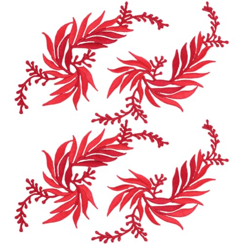 Stickerei-Applikation, 4 Stück, 2 Stile, rote Blätter, for Aufbügeln, bestickte Patches, Blatt-Stickerei(Red) von DUJAE