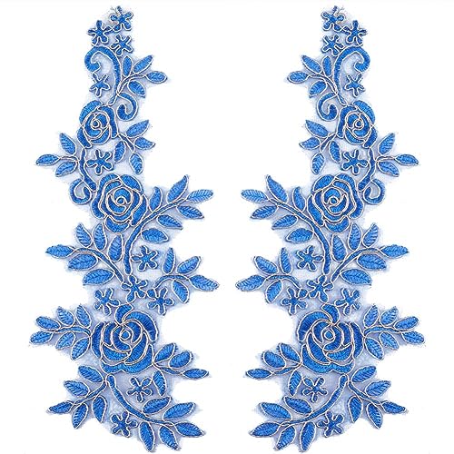 Stickerei-Applikation, 4 Stück, Stickerei-Spitzen-Applikationen, Blumen-gestickter Aufnäher, Gold-Metallic-Rand(Royal Blue) von DUJAE