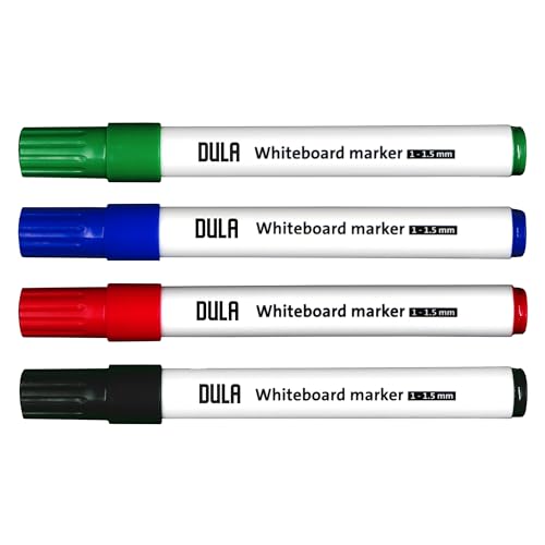 DULA Whiteboard-Marker-Set 4 Farben – Whiteboard-Marker – 1 – 1,5 mm Rundspitze – Whiteboard-Marker – Rot – Grün – Blau – Schwarz von DULA