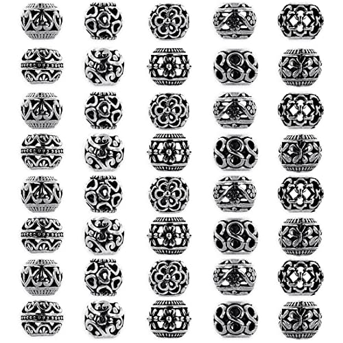 DULSPUE Großlochperlen - 40 Zwischenperlen, 10 runde Perlenkappen aus Antiksilber, 12 mm Metallperlen für Metallperlen-Armbänder, DIY-Schmuckherstellung, Halsketten-Perlen von DULSPUE