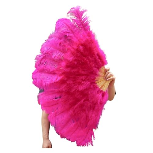 DUNSBY Feder Tanzfächer 13Bones Rosa Straußenfederfächer Bauchtanz-Showfächer Halloween-Party Hochzeit Bühnenrequisiten Gehalten Klappbare Federfächer(Rose red,100cm 1PC) von DUNSBY