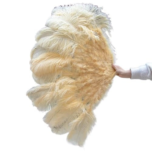 DUNSBY Feder Tanzfächer Gelbe große Straußenfeder-Fächer, Flauschiger Performance-Tanz-Handfächer, faltbar, Party-Requisiten, Bühnenshow-Requisiten-Fächer(Beige Yellow 48,130CM 2PCS) von DUNSBY