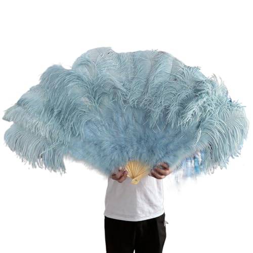 DUNSBY Feder Tanzfächer Gelbe große Straußenfeder-Fächer, Flauschiger Performance-Tanz-Handfächer, faltbar, Party-Requisiten, Bühnenshow-Requisiten-Fächer(Light Blue,100CM 130CM 2PCS) von DUNSBY