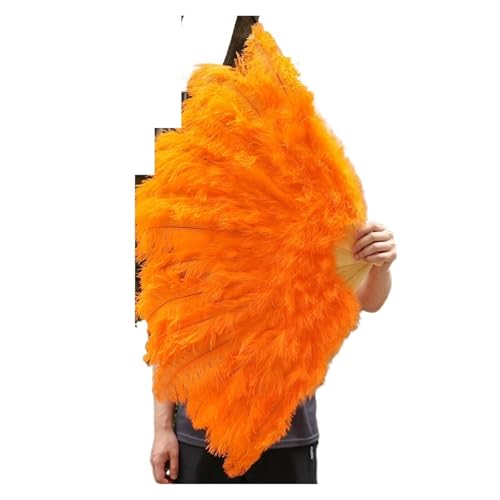 DUNSBY Feder Tanzfächer Großer Fächer aus weißen Straußenfedern, Bauchtanz-Show-Fächer, Halloween-Party, Hochzeit, Requisiten, Handventilator mit Flauschigen Truthahnfedern(Orange,130cm Right Hand) von DUNSBY