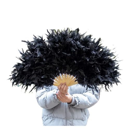 DUNSBY Feder Tanzfächer Roter Truthahnfeder-Fan for die Braut, weißer Feder-großer Fan, doppelseitiger Feder-Hochzeits-Feder-Hand-Fan, Tanzparty(Black) von DUNSBY