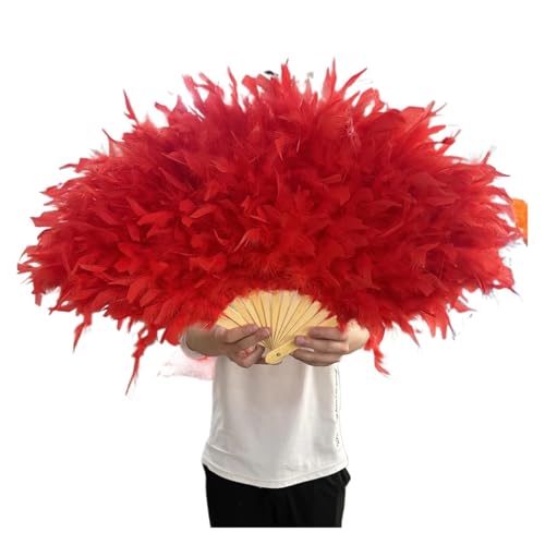 DUNSBY Feder Tanzfächer Roter Truthahnfeder-Fan for die Braut, weißer Feder-großer Fan, doppelseitiger Feder-Hochzeits-Feder-Hand-Fan, Tanzparty(Red) von DUNSBY