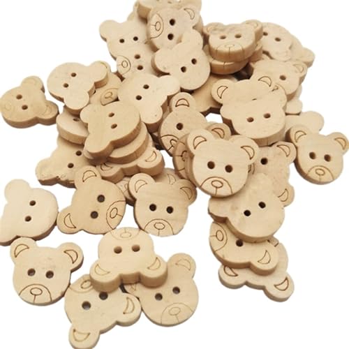 DUNSBY Knöpfe 20 Stück/50 Stück/100 Stück, dekorative Bären-Holzknöpfe, natürlicher Teddybär-Charm, 2 Löcher, Holzknöpfe für Kinder für handgefertigte Ornamente (50 Stück) von DUNSBY