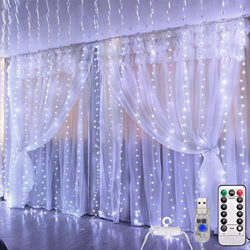 DUOJIN LED Lichtvorhang 3x3m Lichterketten vorhang, angetrieben durch USB, mit 8 Modi und Fernbedienung Timer, für Weihnachtsdekoration, Fenster, Hochzeit, Garten, Schlafzimmer (Warmweiß) von DUOJIN