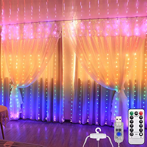 DUOJIN LED Lichtvorhang Regenbogenvorhang Lichterketten vorhang, angetrieben durch USB mit 8 Modi und Fernbedienung Timer, für Weihnachtsdekoration, Fenster, Hochzeit, Garten, Schlafzimmer (7-Farben) von DUOJIN