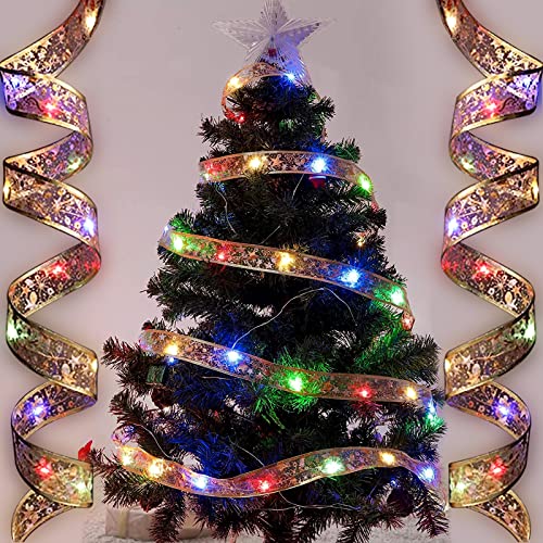 DUOJIN Lichterkette mit dekorativem Band für Weihnachtsbaum, 5 m, 50 LEDs pro AA-Batterie, betrieben, leuchtendes Band, goldfarbene Feenlampe für Weihnachtsfeier, Halloween, Thanksgiving–mehrfarbig von DUOJIN