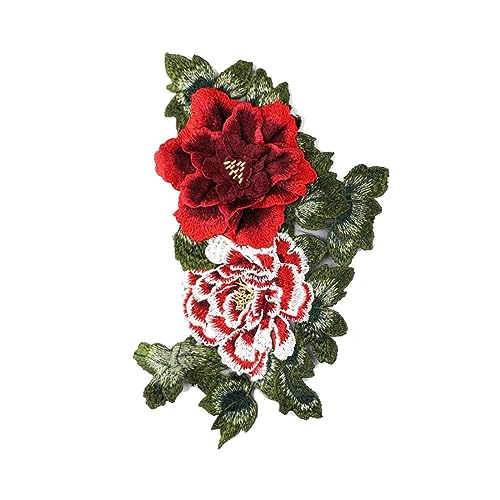 Aufnäher für Kleidung, 36 x 26 cm, bestickt, Spitze, 3D-Blume, Kleideraufnäher, Pfingstrose, Rot von DUOLAIYUNSO