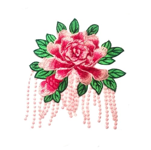 Bestickter Aufnäher, 17 x 20 cm, bestickte Spitze, 3D-Stoffaufnäher mit bunten Blumen, Dekoration, rosa-grüne Blätter von DUOLAIYUNSO