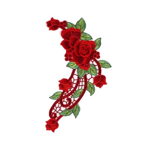 Bestickter Aufnäher, 31 x 18,5 cm, Stickerei, hohl, Spitze, Stoff, Blume, Aufnäher, rote Rose von DUOLAIYUNSO