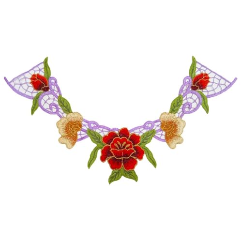 Bestickter Aufnäher, 46 x 28 cm, bestickte Spitze, Stoff, Blumenaufnäher, Bekleidungsaufnäher, 3D-Halsband, Blume, Rot von DUOLAIYUNSO