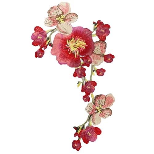 Bestickter Aufnäher, bestickter Spitzenstoff, Cheongsam-Subsidy ethnische Pfingstrose, Blume, 33 x 58 cm, Rot von DUOLAIYUNSO