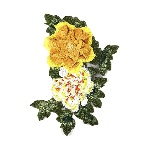 Bestickter Aufnäher für Kleidung, 36 x 26 cm, bestickt, Spitze, 3D-Blume, Kleidung, Patch, Pfingstrose, Blume, Hellgelb von DUOLAIYUNSO