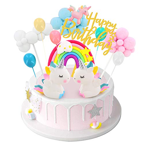 DUOUPA Tortendeko Einhorn Geburtstag Kuchen Regenbogen Happy Birthday Girlande Luftballon Wolke Kuchen Topper für Kinder Mädchen Junge von DUOUPA