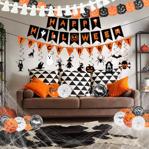 Halloween Party Deko, Halloween Deko Set, Happy Halloween Banner, Halloween Girlande mit Hängende Spiralen, Spinnwebe und Ballone für Halloween Deko Innen Outdoor von DUOUPA