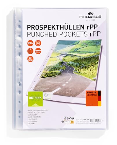 Durable Prospekthüllen A4 in Premiumqualität, aus recyceltem PP, 100 Stück, oben offen, 268419 von Durable