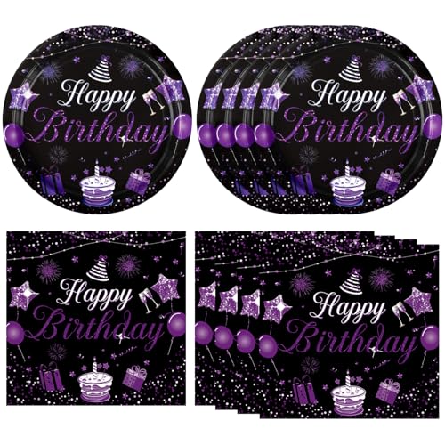 DURYGEN 40 Stück lila und schwarze Geburtstagsdekorationen Happy Birthday Party Supplies Geschirr-Set lila Geburtstag Einweg-Pappteller Servietten für Frauen Mädchen Geburtstagsparty 1 von DURYGEN