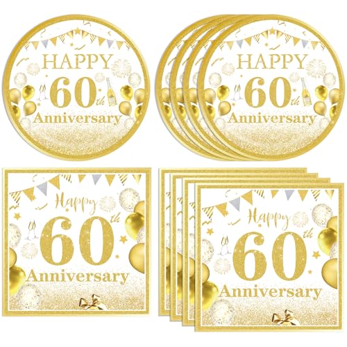 40-teiliges Geschirr-Set zum 60. Hochzeitstag, Weißgold, Happy 60th Anniversary mit Teller, Servietten für Prost bis 60. Geburtstag, Hochzeitstag, Partyzubehör von DURYGEN
