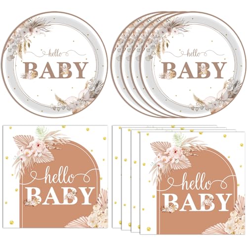 DURYGEN 40 Stück Boho-Babyparty-Dekorationen, böhmisches Thema, Einweggeschirr-Set, geschlechtsneutrale Babyparty-Dekorationen, Hello Baby, Pappteller, Servietten für Mädchen, Jungen, von DURYGEN