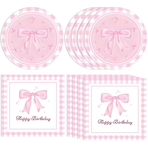 DURYGEN 40pcs Rosa Schleife Party Supplies Schleife Geburtstag Party Teller und Servietten Rosa Schleife Party Dekorationen für Mädchen Junggesellinnenabschied Braut Verlobung Dekoration Baby Shower von DURYGEN