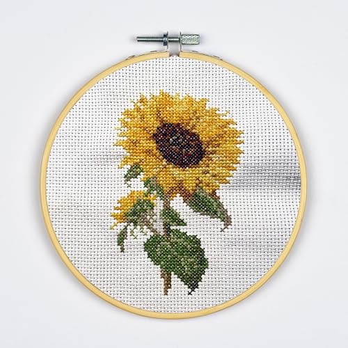 DUTCH STITCH BROTHERS Kreuzstich mit Sonnenblumen-Zählmuster, 15,2 cm, inklusive Kreolen und Muster – Kreuzstich-Set für Erwachsene und Anfänger von DUTCH STITCH BROTHERS