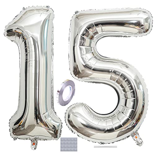 Silberne Zahl 15 Luftballons 101,6 cm Jumbo-Folienballons Abschlussball Ballon für Jungen Mädchen 15. Geburtstag Party Dekoration 15 Hochzeit Jahrestag Fotos Requisiten Zubehör von DUXUANT